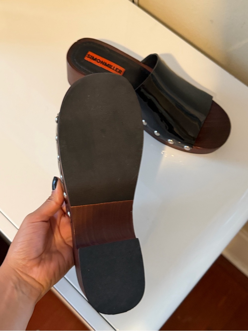 Simon Miller Black Patent Leather Wood-Platform Clog Mules - Picture 2 of 4